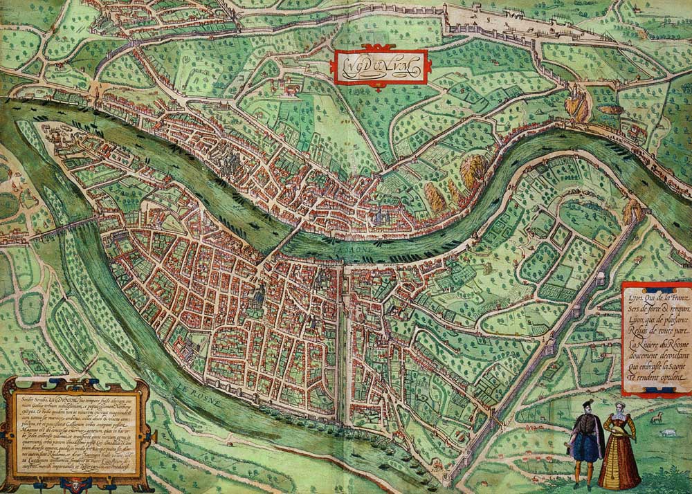 Map of Lyon, from 'Civitates Orbis Terrarum' by Georg Braun (1541-1622) and Frans Hogenberg (1535-90 from Joris Hoefnagel
