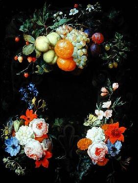 Oranges, peaches, grapes, plums, strawberries, raspberries and other fruit with roses, honeysuckle a