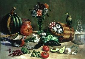Still life with Pigeon, Parakeet and Vegetables