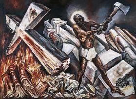 Christus zerstört sein Kreuz, 1943, von Jose Clemente Orozco (1883-1949), Gemälde, 94x130 cm. Mexiko