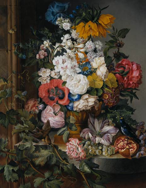 Grosses Blumenstück mit Früchten, Vögeln und Insekten from Josef Schuster