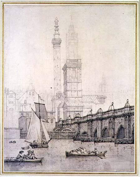 Old London Bridge and the Monument (pen & ink on paper) from Joseph Farington