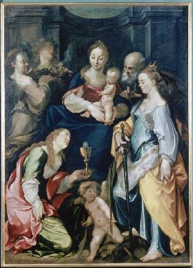 Die hl. Familie mit Engeln, sowie den hll. Barbara und Katharina.