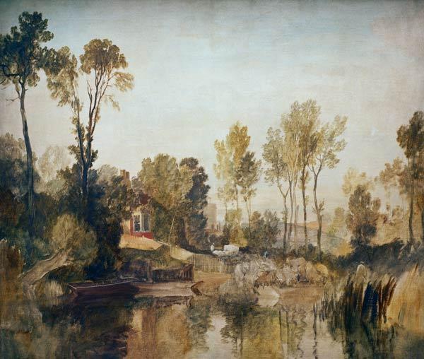 Haus am Fluss mit Bäumen und Schafen