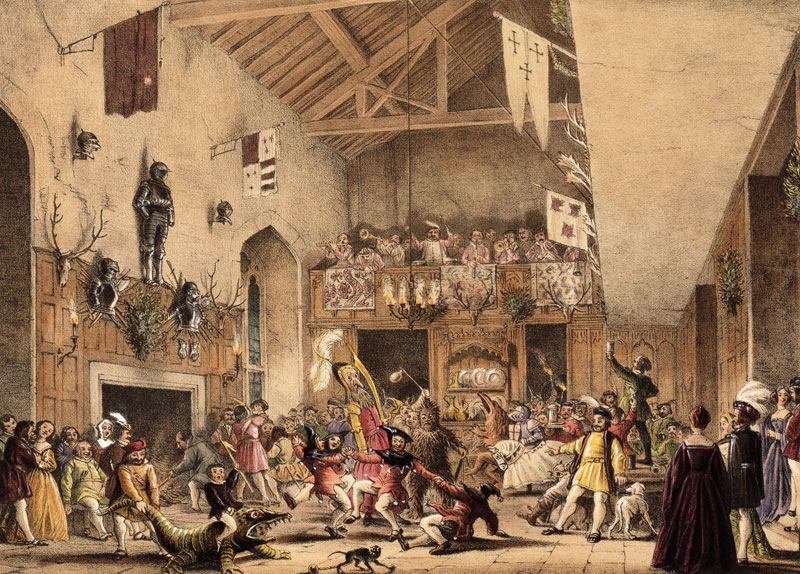 Twelfth Night Revels in the Great Hall, Haddon Hall, Derbyshire, from 'Architecture of the Middle Ag from Joseph Nash