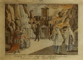 Scene from ''The Magic Flute'' Mozart, 1795 (hand coloured copper engraving)