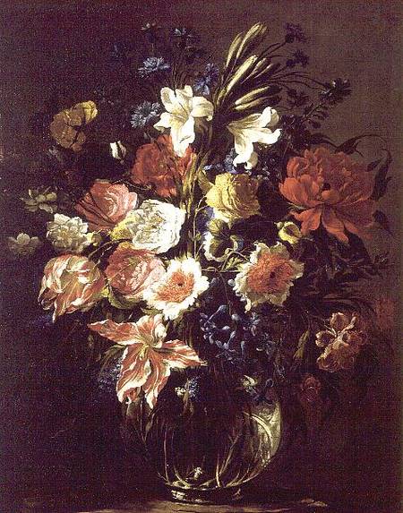 Lilies, peonies, tulips, cornflowers and other flowers on a glass vase on a pedestal from Juan de Arellano