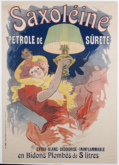 Poster advertising 'Saxoleine', safety lamp oil from Jules Chéret