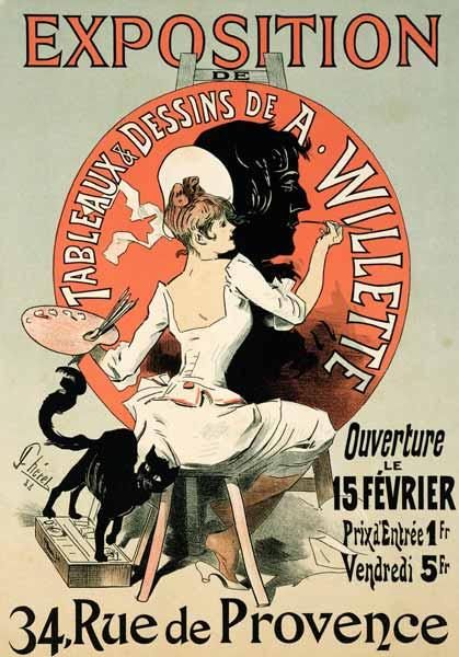 Reproduction of a poster advertising an 'Exhibition of the Paintings and Drawings of A. Willette (18