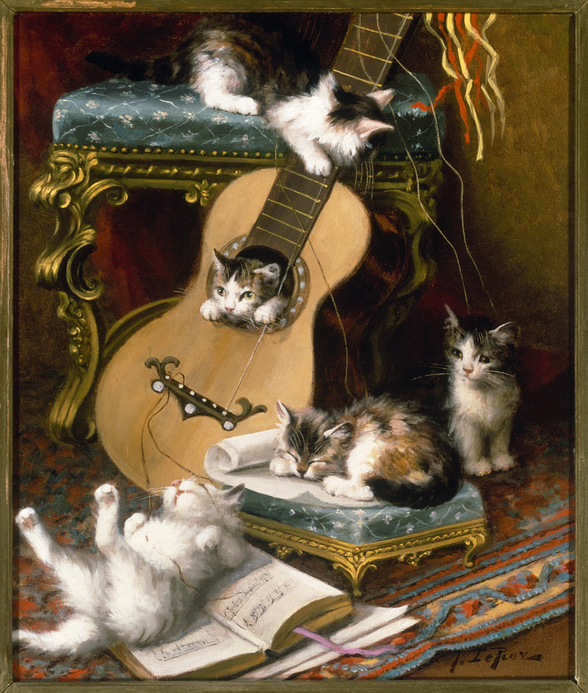 Kittens playing with a guitar from Jules Leroy