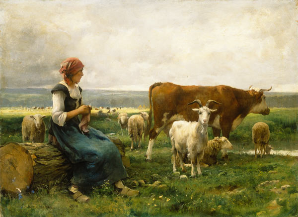 Hirtin mit Schafen, Kuh und Ziege from Julien Dupré