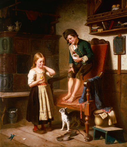 Zwei Kinder mit Katze an einem Kachelofen from Julius Geerts