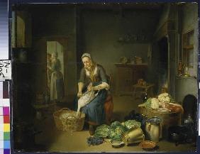 Küchenstück mit Gänse rupfender Frau