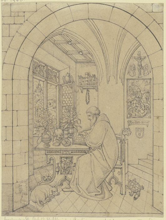 Albertus Magnus in einem gotischen Zimmer studierend, links sein Hund, rechts eine Schildkröte from Karl Ballenberger