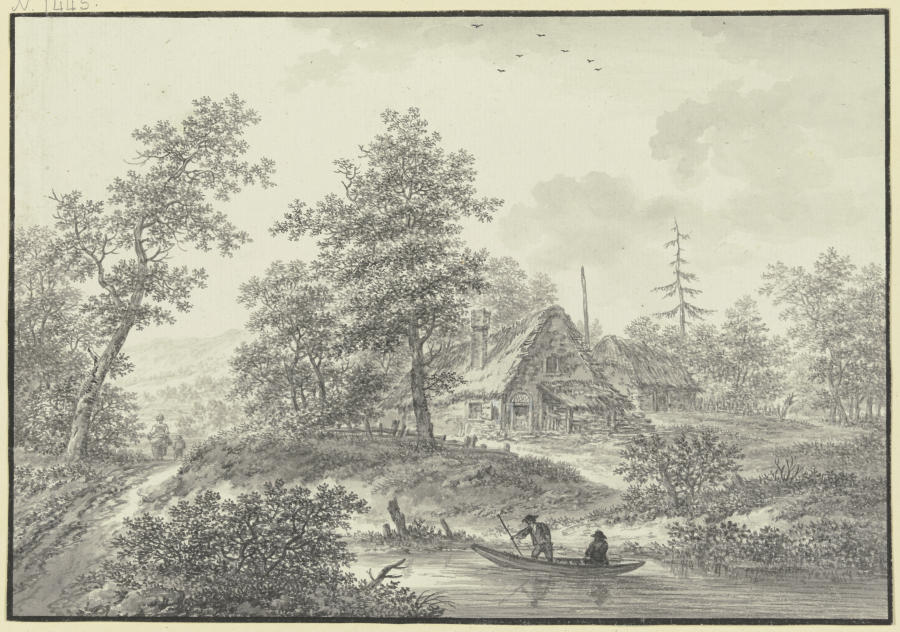 Eichenwald mit zwei Strohhütten, im Vordergrund ein Bach mit zwei Bauern in einem Boot from Karl Franz Kraul