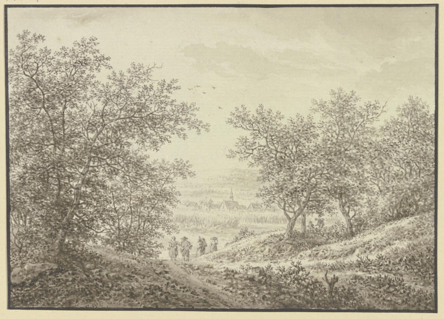 Waldausgang mit Blick auf ein Dörfchen, im Vordergrund vier Figuren from Karl Franz Kraul