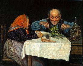Altes Bauernpaar bei der Mahlzeit.