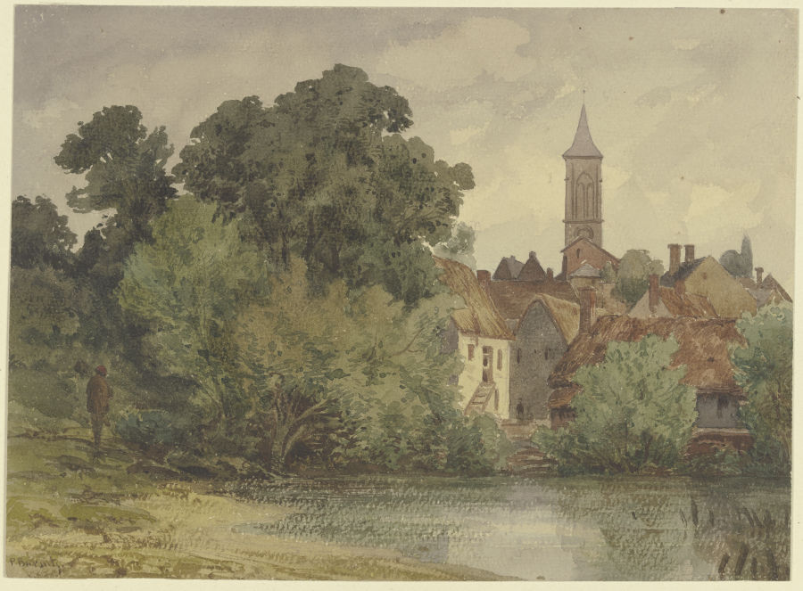 Weiher, dahinter Häuser eines Dorfes mit Kirchturm from Karl Peter Burnitz