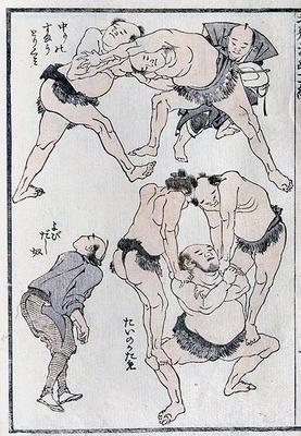 Studies of gestures and postures of wrestlers, from a Manga (colour woodblock print)