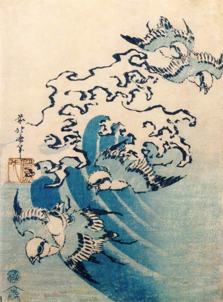 Waves and Birds, c.1825 (colour woodblock print)