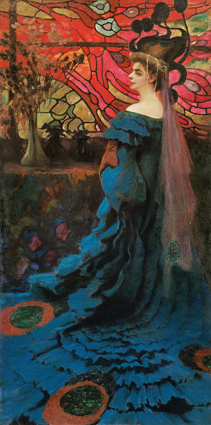 Frau vor einem Glasfenster (Der Pfau) Bildnis der Zofia Borucinska. from Kazimierz Stabrowski