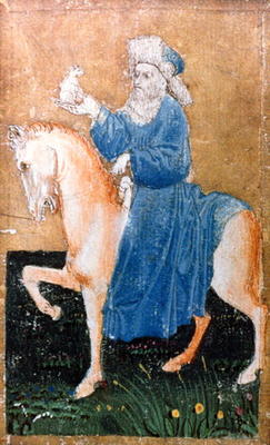 A mounted man holding a small dog, one of a set of playing cards depicting scenes of courtly hawking from Konrad Witz