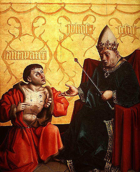 Antipater kneeling before Juilus Caesar, from the Mirror of Salvation Altarpiece, c.1435 (tempera on from Konrad Witz