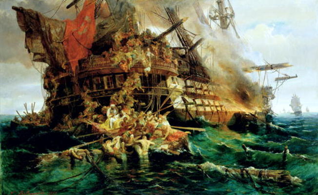 A Turkish Warship on Fire, 1868 (oil on canvas) from Konstantinos or Constantin Bolanachi