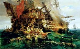 A Turkish Warship on Fire, 1868 (oil on canvas)