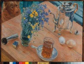 Das Morgen-Stillleben (Teekanne, Teeglas und Blumenvase)