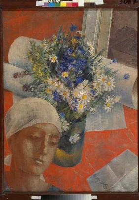 Frauenkopf und Vase mit Blumen