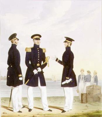Captain, Flag Officer and Commander (Undress) plate 9 from 'Costume of the Royal Navy and Marines', from L. and Eschauzier, St. Mansion