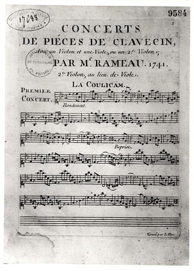 Score sheet for ''Concerts de Pieces de Clavecin'' Jean-Philippe Rameau (1683-1764) 1741 from L. Hue