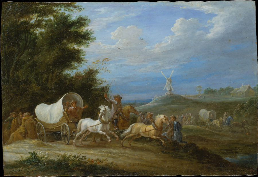Landschaft mit dem Überfall einer Reitertruppe auf einen Packwagen from Lambert de Hondt