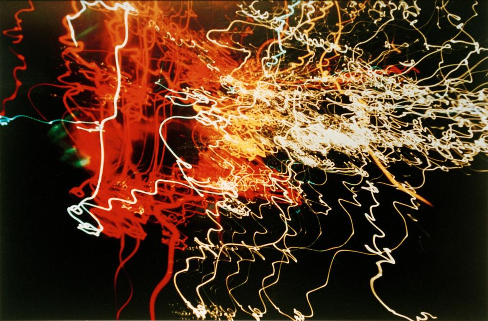 Ohne Titel (Auto headlights white, orange and red, traffic squiggles) from László Moholy-Nagy