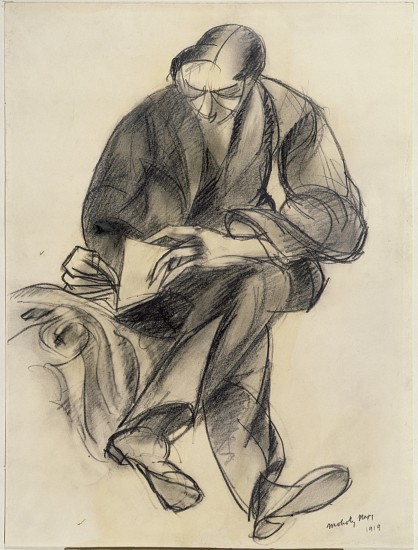 Seated figure reading from László Moholy-Nagy