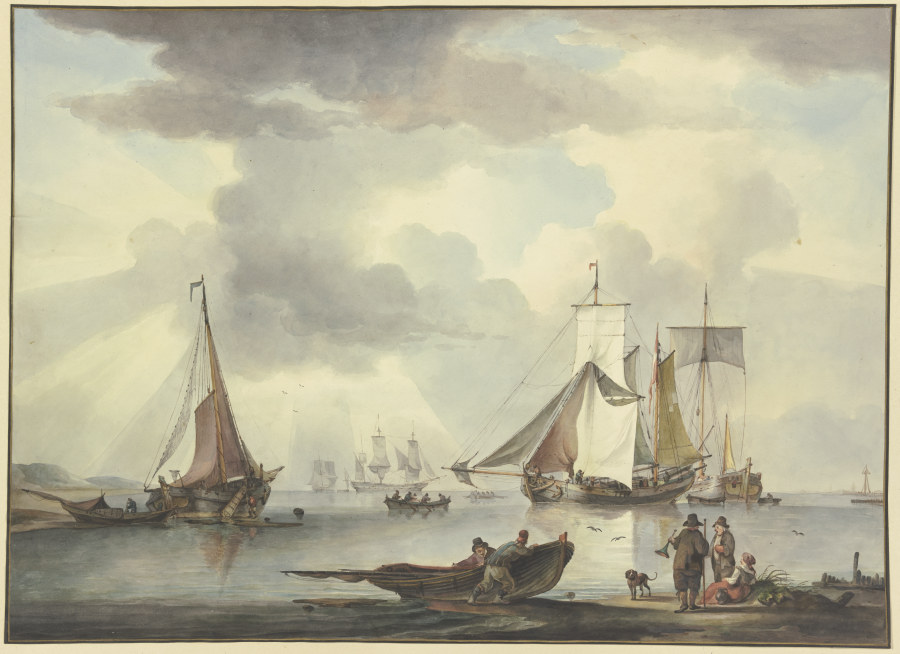 Viele Schiffe, rechts am Strand eine Frau und zwei Männer, von denen einer ein Sprachrohr in der Han from Leendert de Koningh