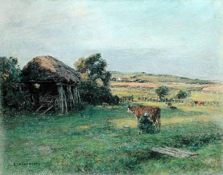 Landscape with a Peasant Woman Milking a Cow from Leon Augustin Lhermite