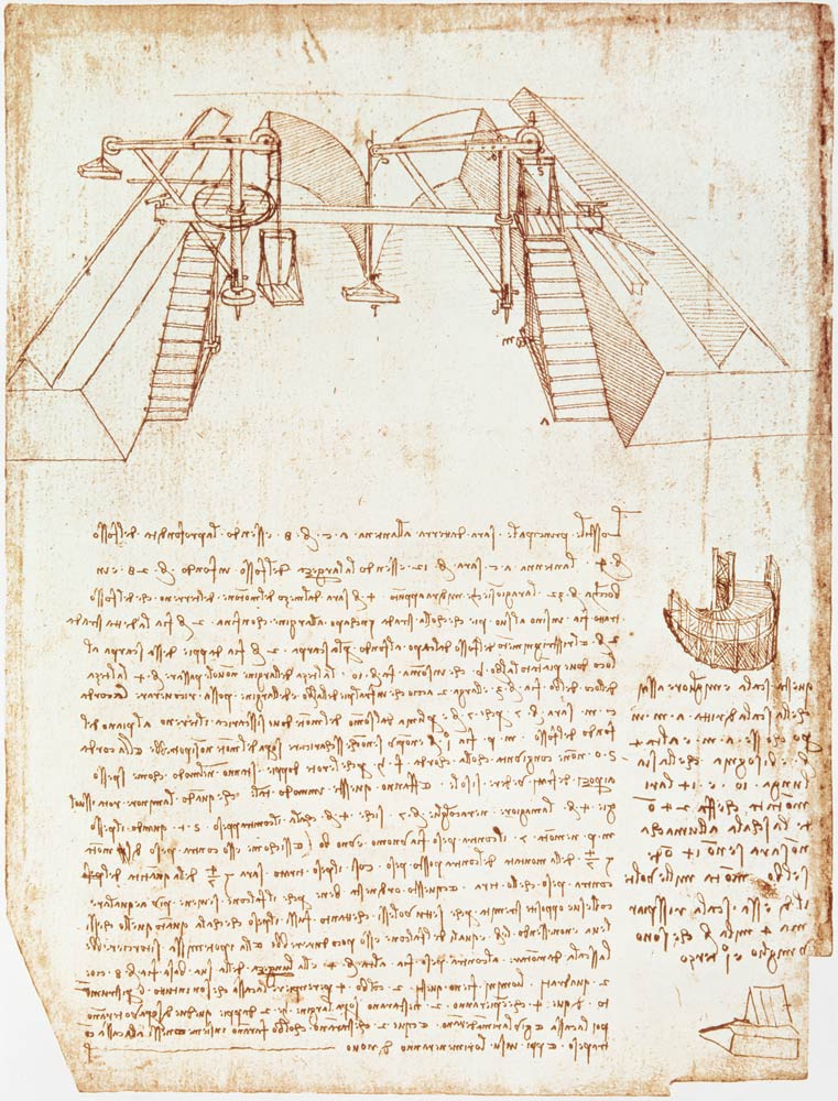 Facsimile of Codex Atlanticus 363vb Pulley System for the Construction of a Staircase (original copy from Leonardo da Vinci