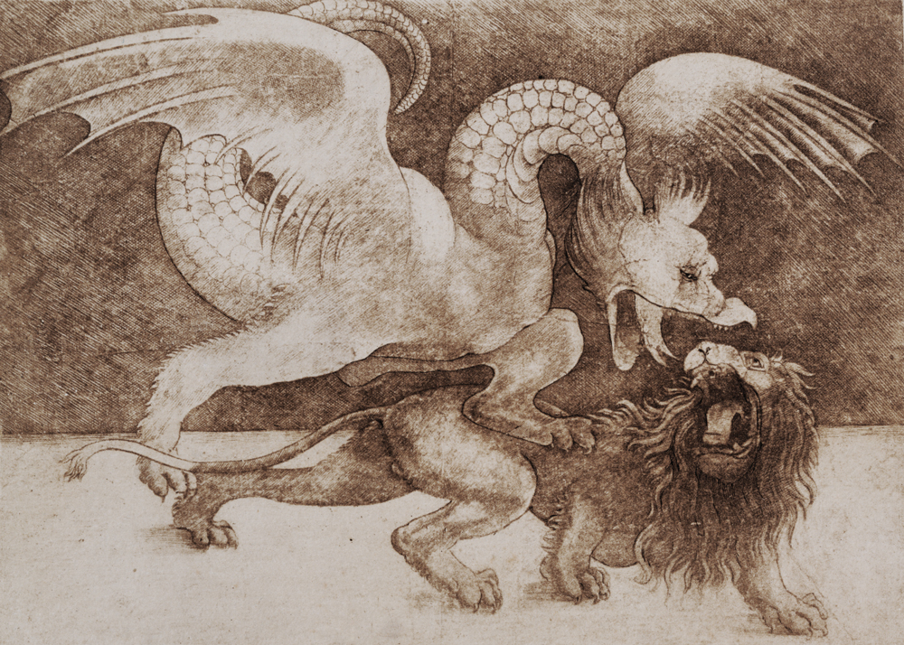 Fight between a Dragon and a Lion (pen and ink on paper) (print) from Leonardo da Vinci