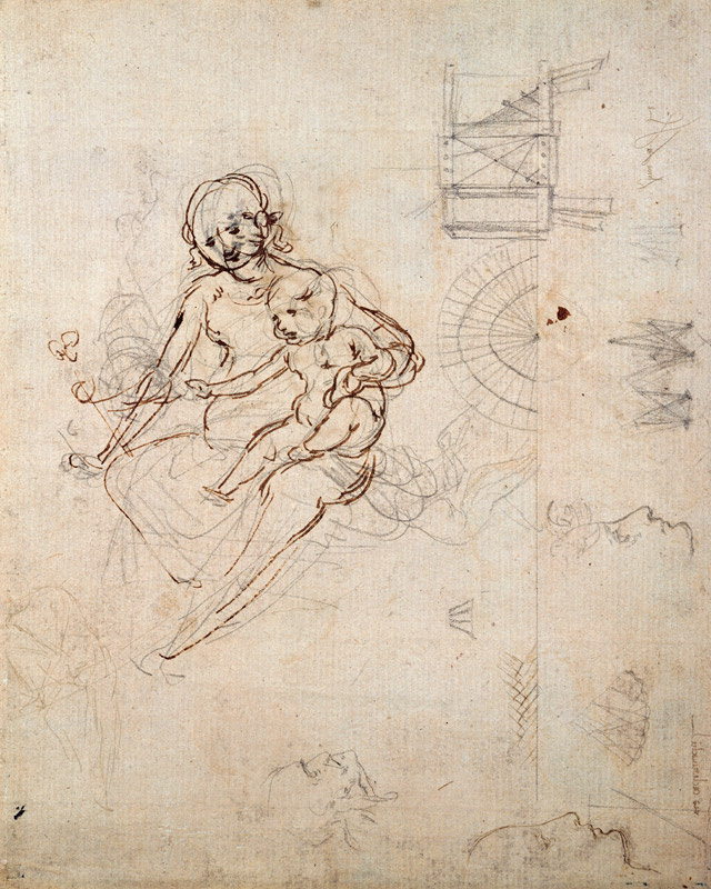 Studies for a Virgin and Child and of Heads in Profile and Machines, c.1478-80 (pencil and ink on pa from Leonardo da Vinci