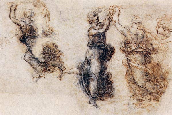 Three dancing figures and a study of a head (sepia & black ink on linen paper) from Leonardo da Vinci