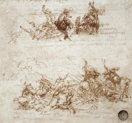 Page from a notebook showing figures fighting on horseback and on foot (sepia ink on linen paper) from Leonardo da Vinci