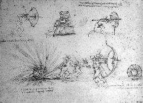 Study with Shields for Foot Soldiers and an Exploding Bomb, c.1485-88 (pen and ink on paper)