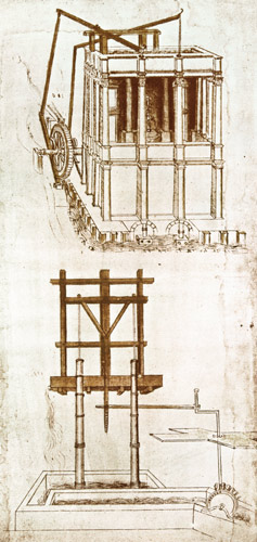 Facsimile of Codex Atlanticus 395v Hydraulic Water Pump for a Fountain (original copy in the Bibliot from Leonardo da Vinci