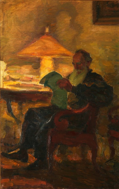 Leo Tolstoy with a newspaper from Leonid Ossipowitsch Pasternak