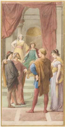 Egeus fordert vor dem Herrscherpaar Theseus und Hippolyta, seine Tochter Hermia solle Demetrius anst