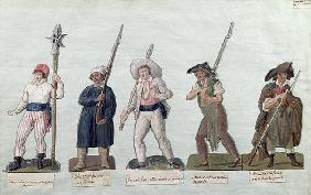 A Sans Culotte with his Pike, a Carter, a Market Porter, a Cobbler and a Carpenter (gouache on card)