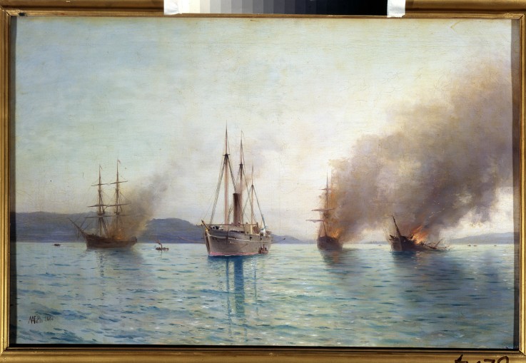 Russian torpedo boat tender Grand Duke Konstantin destroying the Turkish ships at Bosphorus on 1877 from Lew Felixowitsch Lagorio