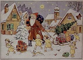 Darstellung aus einem alten Advents - Kalender: Der hl. Nikolaus kommt mit seinen Gaben from Lithographie